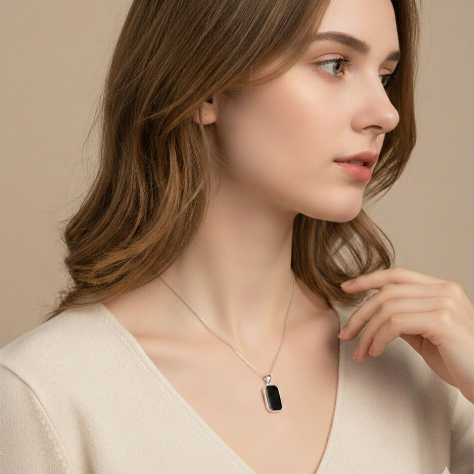 Sterling Silver Black Onyx Rectangle Pendant Necklace | SYLverae Quiet Luxury Jewelry