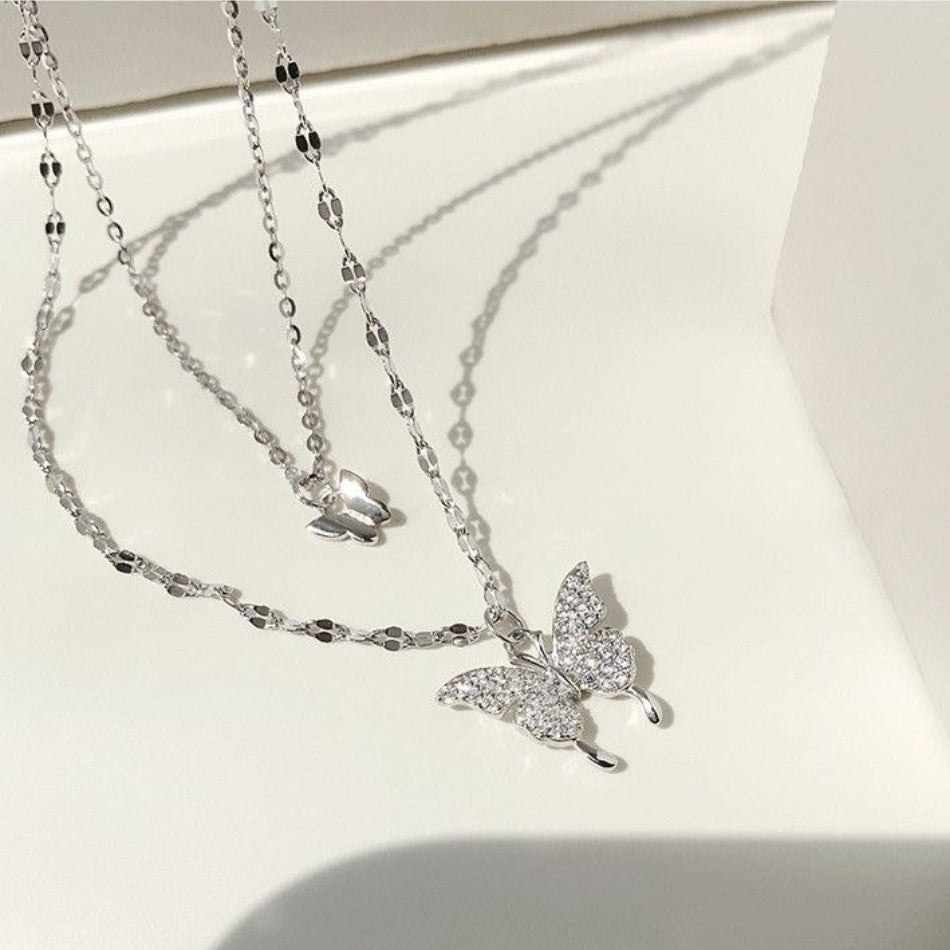 Sterling Silver Layered Butterfly Necklace (Pavé Pendant) | SYLverae Quiet Luxury Jewelry