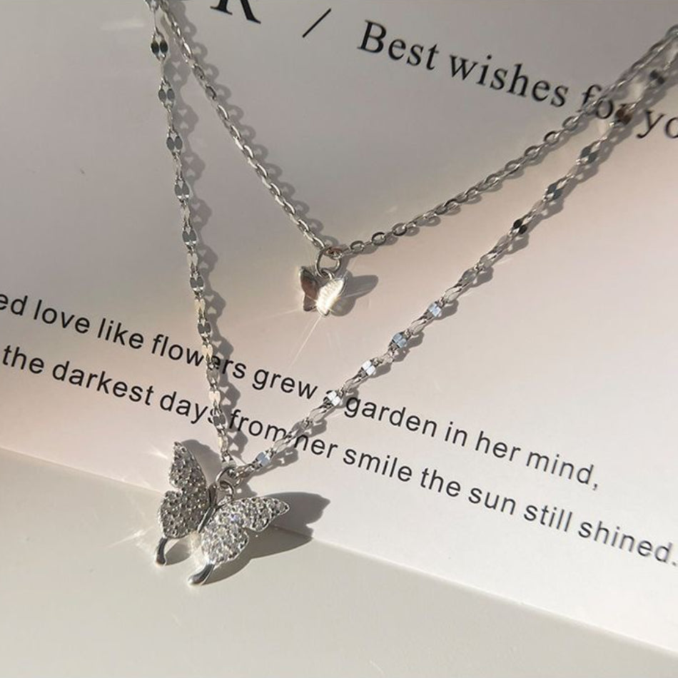Sterling Silver Layered Butterfly Necklace (Pavé Pendant) | SYLverae Quiet Luxury Jewelry