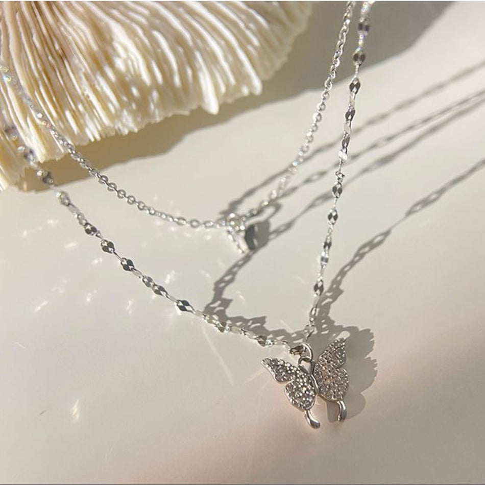 Sterling Silver Layered Butterfly Necklace (Pavé Pendant) | SYLverae Quiet Luxury Jewelry