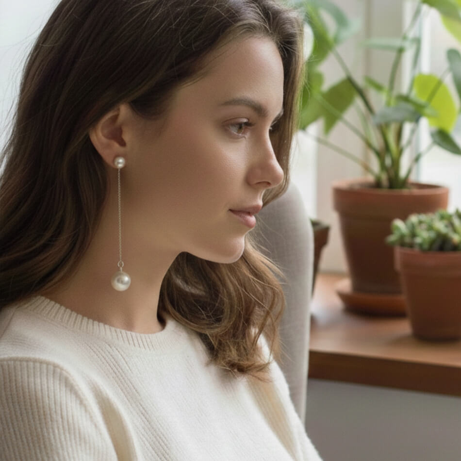 Sterling Silver Pearl Threader Drop Earrings | SYLverae Quiet Luxury Jewelry