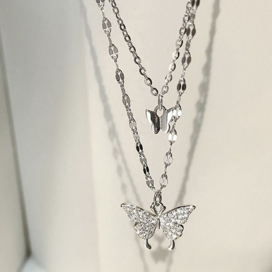 Sterling Silver Layered Butterfly Necklace (Pavé Pendant) | SYLverae Quiet Luxury Jewelry