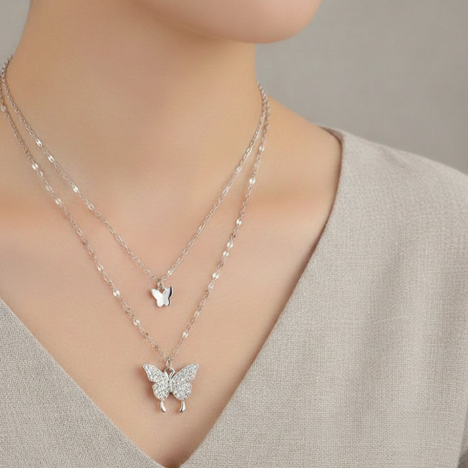 Sterling Silver Layered Butterfly Necklace (Pavé Pendant) | SYLverae Quiet Luxury Jewelry